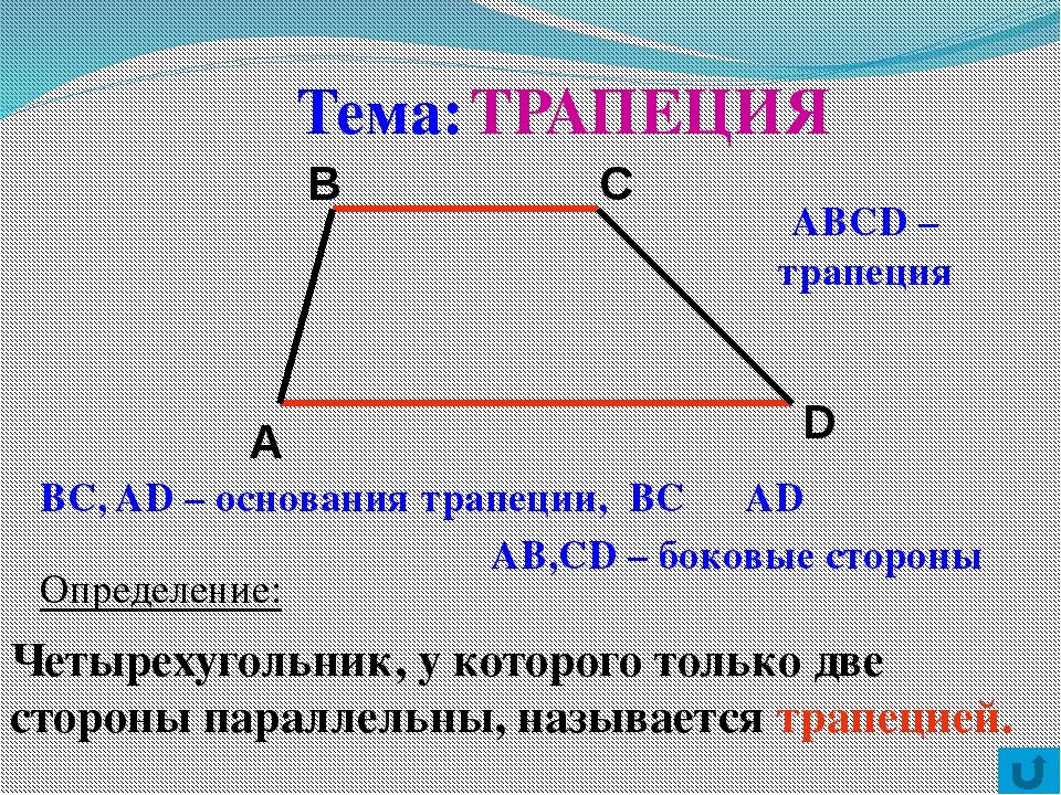 Сформулируйте определение трапеции перечислите и проиллюстрируйте на чертеже виды трапеции