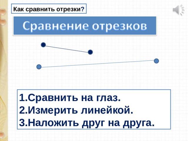 Как сравнить отрезки ? Сравнить на глаз. Измерить линейкой. 3.Наложить друг на друга. 