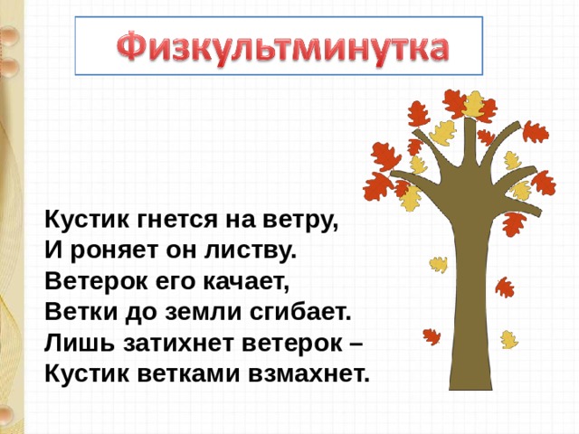 Кустик гнется на ветру,  И роняет он листву.  Ветерок его качает,  Ветки до земли сгибает.  Лишь затихнет ветерок –  Кустик ветками взмахнет. 