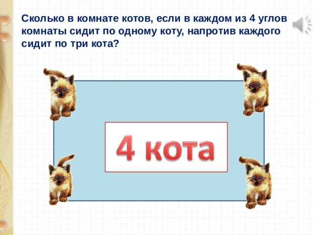 Сколько в комнате котов, если в каждом из 4 углов комнаты сидит по одному коту, напротив каждого сидит по три кота? 