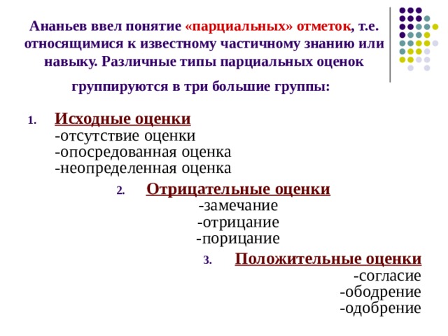 Ананьев ввел понятие «парциальных» отметок , т.е. относящимися к известному частичному знанию или навыку. Различные типы парциальных оценок группируются в три большие группы:  Исходные оценки  -отсутствие оценки  -опосредованная оценка  -неопределенная оценка Отрицательные оценки  -замечание  -отрицание  -порицание Положительные оценки  -согласие  -ободрение  -одобрение 