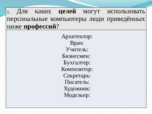 Низшие профессии. Для каких целей могут использовать персональные компьютеры люди. Для каких целей можно использовать персональные компьютеры. Для каких целей могут использоваться персональные компьютеры. Для каких целей модельер использует персональный компьютер.