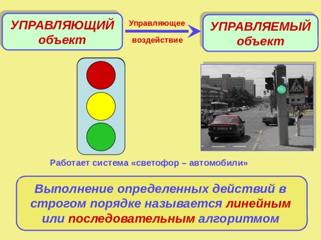 УПРАВЛЯЮЩИЙ объект УПРАВЛЯЕМЫЙ объект Управляющее воздействие Работает система «светофор – автомобили» Выполнение определенных действий в строгом порядке называется линейным или последовательным алгоритмом 9 
