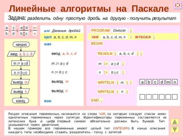 Линейные алгоритмы на Паскале Задача: разделить одну простую дробь на другую  - получить результат a c a d m  алг  Деление дробей ; Division PROGRAM = = : d n c b b  цел  a, b, c, d, m, n : VAR INTEGER ; a, b, c, d, m, n нач BEGIN начало ввод  a, b, c, d a, b, c, d ввод a, b, c, d READLN ; ( ) m  : =  a   d m : = a   d ; a  d : = m n  : =  b   c b  c ; n : = n : = b   c вывод  m n m c b вывод m d a ) m WRITELN ; ( вывод  n вывод n n ) ( WRITELN n 3 2 m 1 5 кон . END конец Раздел описания переменных, начинается со слова VAR , за которым следует список имен однотипных переменных через запятую. Идентификаторы переменных составляются из латинских букв и цифр (первый символ обязательно должен быть буквой. Тип указывается через двоеточие. В нашем примере все переменные имеют целый тип ( INTEGER ). В конце описания каждого типа необходимо ставить разделитель – точку с запятой 2 