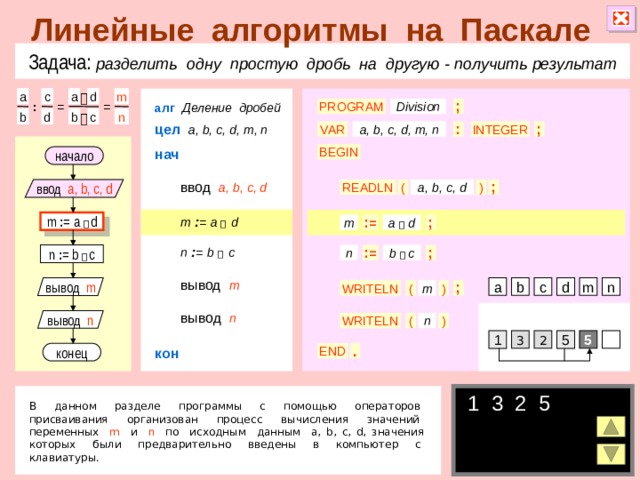 Линейные алгоритмы на Паскале Задача: разделить одну простую дробь на другую  - получить результат c d a a m  алг  Деление дробей ; = PROGRAM = Division : d b n b c  цел  a, b, c, d, m, n VAR : ; INTEGER a, b, c, d, m, n нач BEGIN начало ввод  a, b, c, d ; ) a, b, c, d READLN ( ввод a, b, c, d m  : =  a   d m : = a   d a  d m : = ; n  : =  b   c : = ; b  c n n : = b   c вывод  m n m c b вывод m d a m ) WRITELN ; ( вывод  n вывод n n ) ( WRITELN 3 2 5 n 1 5 кон END . конец  1 3 2 5 В данном разделе программы с помощью операторов присваивания организован процесс вычисления значений переменных m и n по исходным данным a, b, c, d, значения которых были предварительно введены в компьютер с клавиатуры. 5 