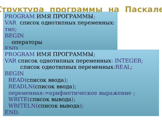 Структура программы на Паскале PROGRAM  ИМЯ ПРОГРАММЫ ; VAR  список однотипных переменных: тип; BEGIN   операторы END. PROGRAM  ИМЯ ПРОГРАММЫ ; VAR  список однотипных переменных : INTEGER;  список однотипных переменных :REAL; BEGIN  READ( список ввода );  READLN( список ввода );  переменная:=арифметическое выражение ;  WRITE( список вывода );  WRITELN( список вывода ); END.  