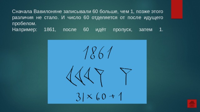 Сначала Вавилоняне записывали 60 больше, чем 1, позже этого различия не стало. И число 60 отделяется от после идущего пробелом.  Например: 1861, после 60 идёт пропуск, затем 1.   