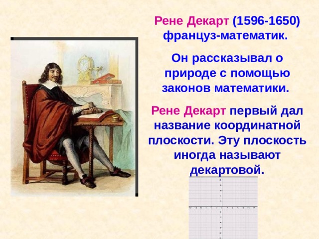 Рене  Декарт (1596-1650) француз-математик. Он рассказывал о природе с помощью законов математики. Рене Декарт первый дал название координатной плоскости. Эту плоскость иногда называют декартовой. 