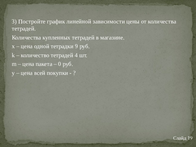 3) Постройте график линейной зависимости цены от количества тетрадей. Количества купленных тетрадей в магазине. x – цена одной тетрадки 9 руб. k – количество тетрадей 4 шт. m – цена пакета – 0 руб. y – цена всей покупки - ? Слайд 19 