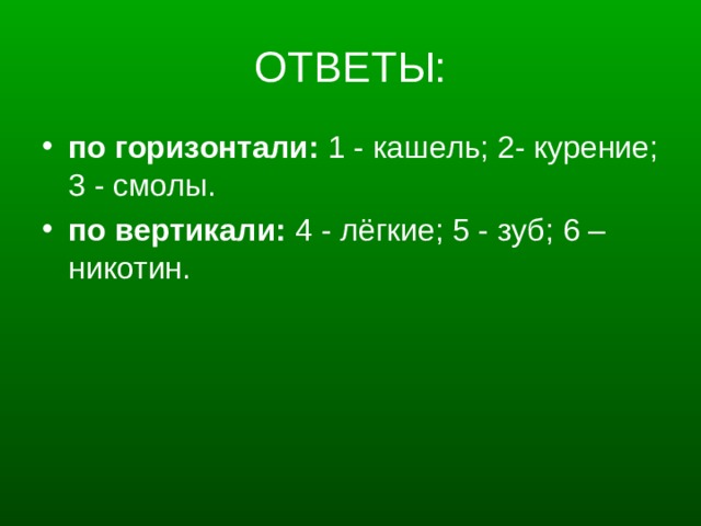 ОТВЕТЫ: по горизонтали: 1 - кашель; 2- курение; 3 - смолы. по вертикали: 4 - лёгкие; 5 - зуб; 6 – никотин. 