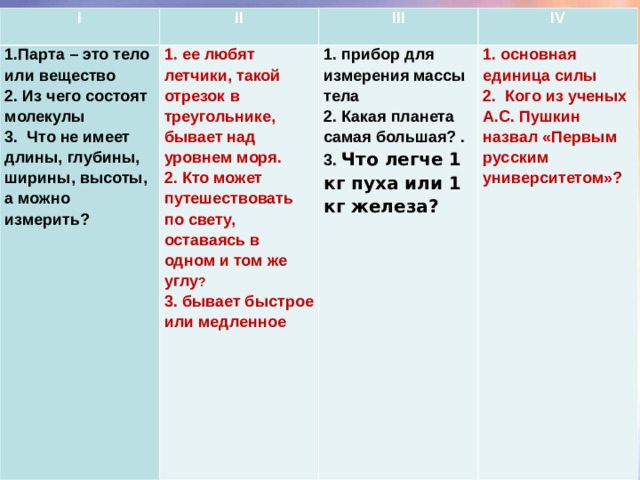 I 1.Парта – это тело или вещество 2. Из чего состоят молекулы 3. Что не имеет длины, глубины, ширины, высоты, а можно измерить? II III 1. ее любят летчики, такой отрезок в треугольнике, бывает над уровнем моря. 2. Кто может путешествовать по свету, оставаясь в одном и том же углу ? 3. бывает быстрое или медленное 1. прибор для измерения массы тела 2. Какая планета самая большая? . 3. Что легче 1 кг пуха или 1 кг железа? IV 1. основная единица силы 2. Кого из ученых А.С. Пушкин назвал «Первым русским университетом»? 
