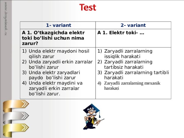  1 - variant 2 - variant А 1. O’tkazgichda elektr toki bo’lishi uchun nima zarur? А 1. Elektr toki- … Unda elektr maydoni hosil qilish zarur Unda zaryadli erkin zarralar bo’lishi zarur Unda elektr zaryadlari paydo bo’lishi zarur Unda elektr maydini va zaryadli erkin zarralar bo’lishi zarur . Zaryadli zarralarning issiqlik harakati Zaryadli zarralarning tartibsiz harakati Zaryadli zarralarning tartibli harakati Zaryadli zarralarning mexanik harakati 