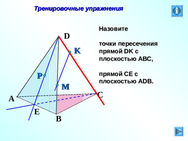  Тренировочные упражнения Назовите  точки пересечения прямой DK с плоскостью АВС,  прямой СЕ с плоскостью А DB . D K P M C Л.С. Атанасян. Геометрия 10-11. № 8. A E B 