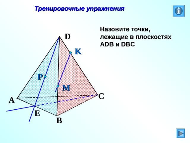  Тренировочные упражнения Назовите точки, лежащие в плоскостях А DB и DBC D K P M C Л.С. Атанасян. Геометрия 10-11. № 8. A E B 