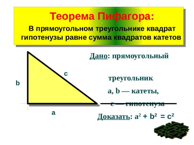 Теорема Пифагора:  о  В прямоугольном треугольнике квадрат гипотенузы равне сумма квадратов катетов     Дано : прямоугольный треугольник  a, b — катеты, с — гипотенуза Доказать : a 2 + b 2 = c 2  c b a 