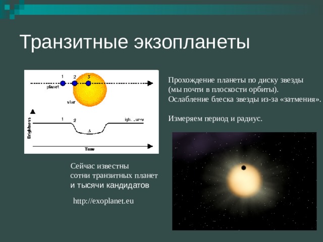 Транзитные экзопланеты Прохождение планеты по диску звезды  (мы почти в плоскости орбиты).  Ослабление блеска звезды из-за «затмения». Измеряем период и радиус. Сейчас известны сотни транзитных планет  и тысячи кандидатов   http://exoplanet.eu 