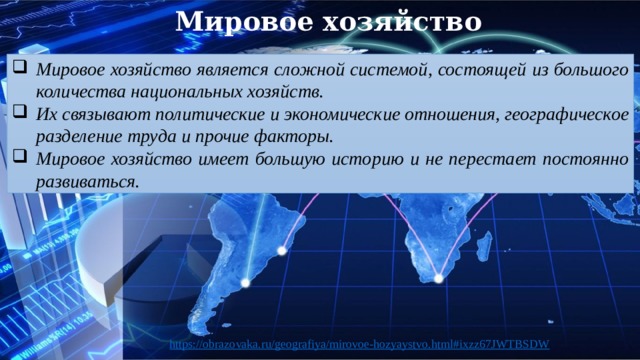 Мировое хозяйство Мировое хозяйство является сложной системой, состоящей из большого количества национальных хозяйств. Их связывают политические и экономические отношения, географическое разделение труда и прочие факторы. Мировое хозяйство имеет большую историю и не перестает постоянно развиваться.   https://obrazovaka.ru/geografiya/mirovoe-hozyaystvo.html#ixzz67JWTBSDW 