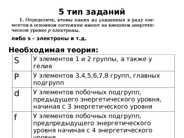 5 тип заданий либо s – электроны и т.д. Необходимая теория:  S У элементов 1 и 2 группы, а также у гелия P У элементов 3,4,5,6,7,8 групп, главных подгрупп d У элементов побочных подгрупп, предыдущего энергетического уровня, начиная с 3 энергетического уровня f У элементов побочных подгрупп, предпредыдущего энергетического уровня начиная с 4 энергетического уровня 