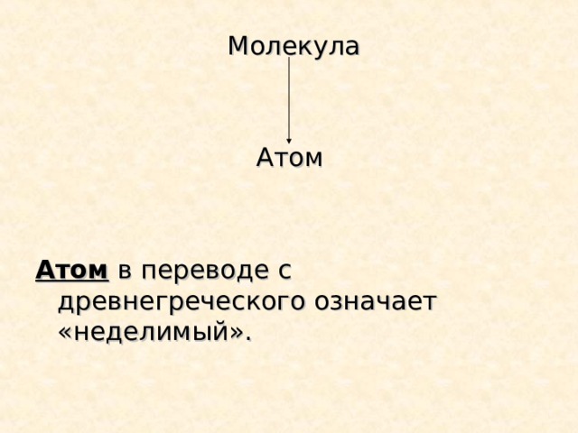  Молекула Атом Атом в переводе с древнегреческого означает «неделимый». 