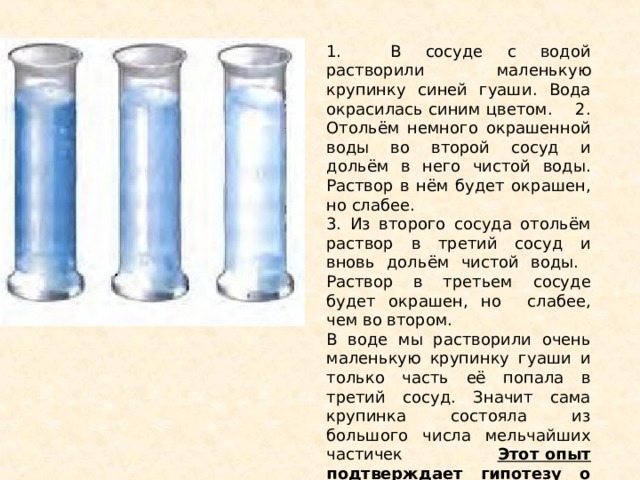 1. В сосуде с водой растворили маленькую крупинку синей гуаши. Вода окрасилась синим цветом. 2. Отольём немного окрашенной воды во второй сосуд и дольём в него чистой воды. Раствор в нём будет окрашен, но слабее. 3. Из второго сосуда отольём раствор в третий сосуд и вновь дольём чистой воды. Раствор в третьем сосуде будет окрашен, но слабее, чем во втором. В воде мы растворили очень маленькую крупинку гуаши и только часть её попала в третий сосуд. Значит сама крупинка состояла из большого числа мельчайших частичек Этот опыт подтверждает гипотезу о том, что вещество состоит из очень маленьких частиц . 