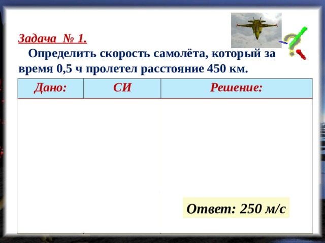 Задача № 1.  Определить скорость самолёта, который за время 0,5 ч пролетел расстояние 450 км.  Дано: СИ   = 0,5 ч   = 450 м  Решение:   = 1800 с   = 450 000 м    -?  м/с     … (выполняем вычисления самостоятельно)  Ответ: 250 м/с  