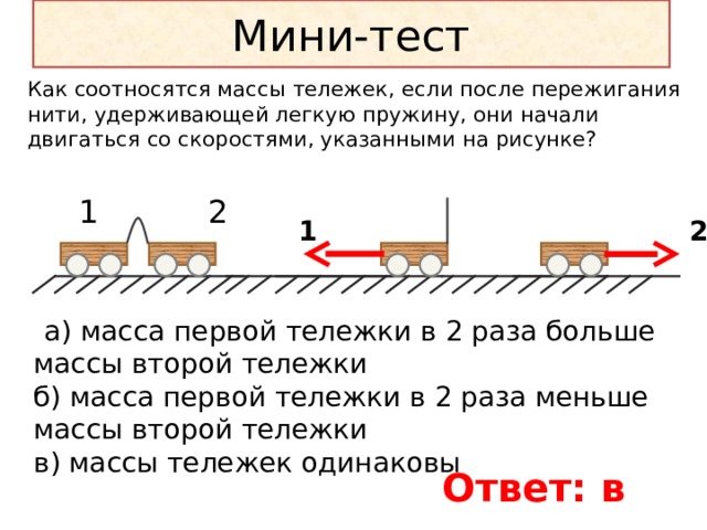 На рисунке 1 изображена схема опыта по взаимодействию двух тележек после пережигания нити тележки