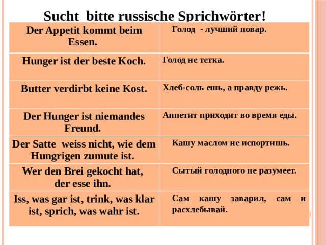 Sucht bitte russische Sprichwörter! 