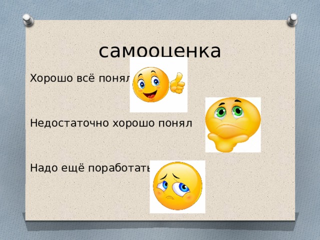 самооценка Хорошо всё понял Недостаточно хорошо понял Надо ещё поработать 
