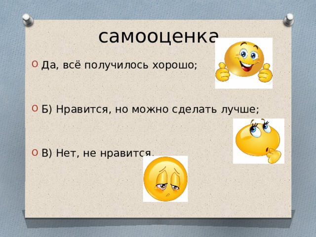 самооценка Да, всё получилось хорошо; Б) Нравится, но можно сделать лучше; В) Нет, не нравится. 
