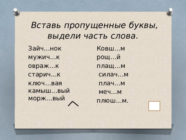   Вставь пропущенные буквы, выдели часть слова. Ковш…м рощ…й плащ…м  силач…м  плач…м  меч…м плюш…м. Зайч…нок мужич…к овраж…к старич…к ключ…вая камыш…вый морж…вый 
