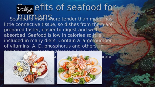 Benefits of seafood for humans  Seafood is much more tender than meat, has little connective tissue, so dishes from them are prepared faster, easier to digest and well absorbed. Seafood is low in calories so it is included in many diets. Contain a large number of vitamins: A, D, phosphorus and others, in addition, they contain almost all the useful components that are so necessary for our body. 