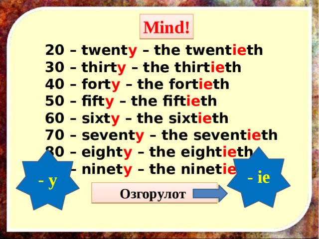 Mind! 20 – twent y – the twent ie th 30 – thirt y – the thirt ie th 40 – fort y – the fort ie th 50 – fift y – the fift ie th 60 – sixt y – the sixt ie th  70 – sevent y – the sevent ie th 80 – eight y – the  eight ie th 90 – ninet y – the ninet ie th - ie - y Озгорулот 