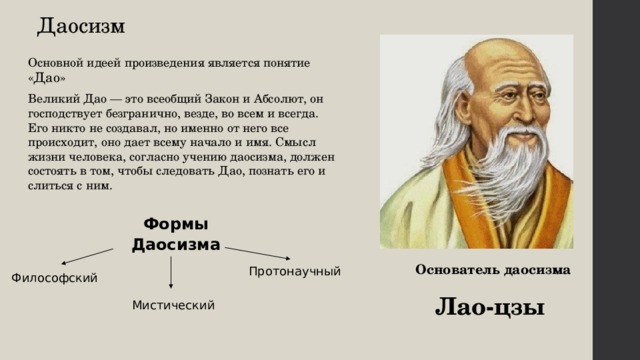 Даосизм Основной идеей произведения является понятие «Дао» Великий Дао — это всеобщий Закон и Абсолют, он господствует безгранично, везде, во всем и всегда. Его никто не создавал, но именно от него все происходит, оно дает всему начало и имя. Смысл жизни человека, согласно учению даосизма, должен состоять в том, чтобы следовать Дао, познать его и слиться с ним. Формы Даосизма Основатель даосизма Лао-цзы   Протонаучный Философский  Мистический   