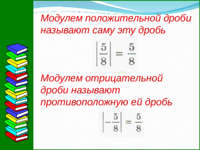 Модулем положительной дроби называют саму эту дробь Модулем отрицательной дроби называют противоположную ей дробь 10 
