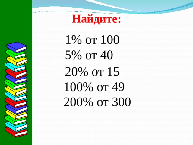 Найдите: 1% от 100 5% от 40 20% от 15 100% от 49 200% от 300 