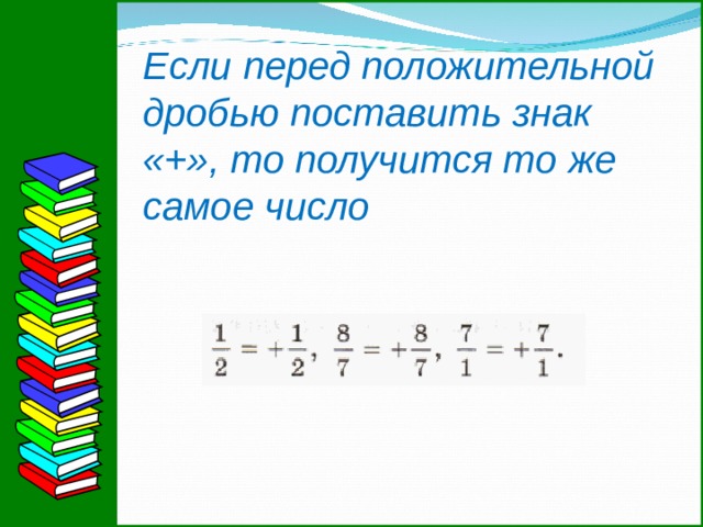 Если перед положительной дробью поставить знак «+», то получится то же самое число  