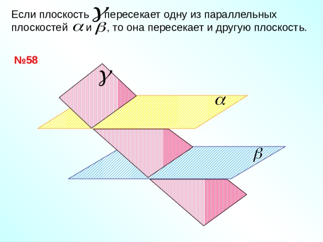 Если плоскость пересекает одну из параллельных плоскостей и , то она пересекает и другую плоскость. № 58 