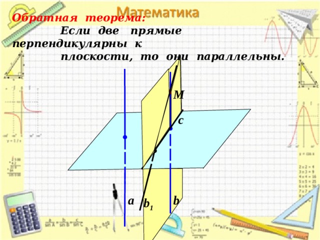Обратная теорема:   Если две прямые перпендикулярны к  плоскости, то они параллельны. M c b а b 1 