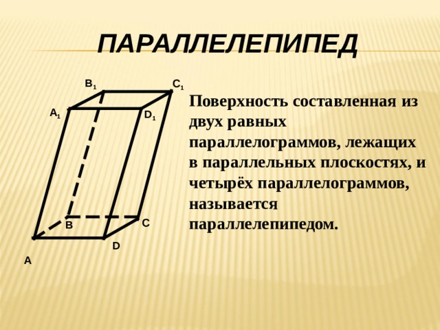 ПАРАЛЛЕЛЕПИПЕД B 1 C 1 Поверхность составленная из двух равных параллелограммов, лежащих в параллельных плоскостях, и четырёх параллелограммов, называется параллелепипедом. А 1 D 1 С В  А D  