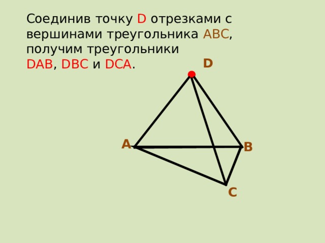 Соединив точку D отрезками с вершинами треугольника АВС , получим треугольники  D АВ , D ВС и DСА .   D А В С 