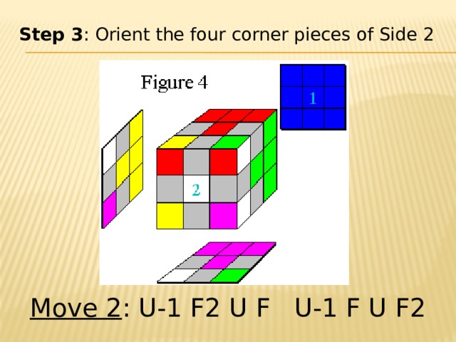 Step 3 : Orient the four corner pieces of Side 2 Move 2 : U-1 F2 U F   U-1 F U F2 