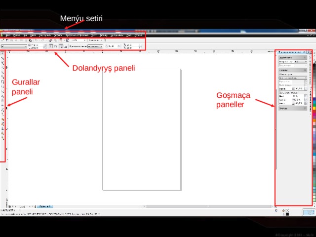 Menýu setiri Dolandyryş paneli Gurallar paneli Goşmaça paneller 