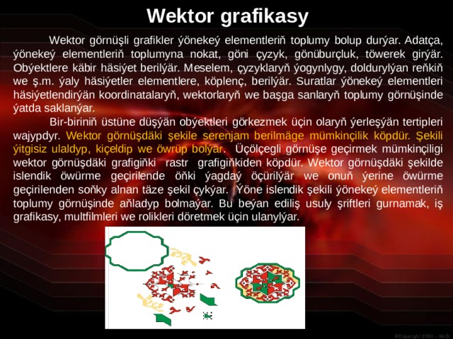 Wektor grafikasy  Wektor görnüşli grafikler ýönekeý elementleriň toplumy bolup durýar. Adatça, ýönekeý elementleriň toplumyna nokat, göni çyzyk, gönüburçluk, töwerek girýär. Obýektlere käbir häsiýet berilýär. Meselem, çyzyklaryň ýogynlygy, doldurylýan reňkiň we ş.m. ýaly häsiýetler elementlere, köplenç, berilýär. Suratlar ýönekeý elementleri häsiýetlendirýän koordinatalaryň, wektorlaryň we başga sanlaryň toplumy görnüşinde ýatda saklanýar.  Bir-biriniň üstüne düşýän obýektleri görkezmek üçin olaryň ýerleşýän tertipleri wajypdyr. Wektor görnüşdäki şekile serenjam berilmäge mümkinçilik köpdür. Şekili ýitgisiz ulaldyp, kiçeldip we öwrüp bolýar . Üçölçegli görnüşe geçirmek mümkinçiligi wektor görnüşdäki grafigiňki rastr grafigiňkiden köpdür. Wektor görnüşdäki şekilde islendik öwürme geçirilende öňki ýagdaý öçürilýär we onuň ýerine öwürme geçirilenden soňky alnan täze şekil çykýar. Ýöne islendik şekili ýönekeý elementleriň toplumy görnüşinde aňladyp bolmaýar. Bu beýan ediliş usuly şriftleri gurnamak, iş grafikasy, multfilmleri we rolikleri döretmek üçin ulanylýar. 