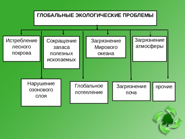 ГЛОБАЛЬНЫЕ ЭКОЛОГИЧЕСКИЕ ПРОБЛЕМЫ Истребление лесного покрова Загрязнение атмосферы Сокращение запаса полезных ископаемых Загрязнение Мирового океана Нарушение озонового слоя Глобальное потепление Загрязнение почв прочие 4 