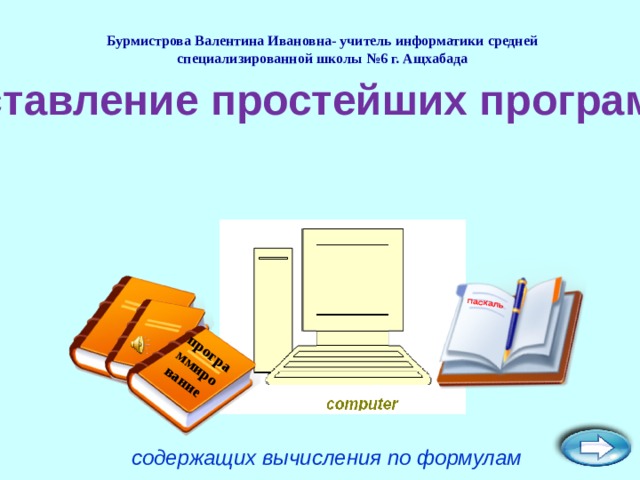 паскаль программирование Бурмистрова Валентина Ивановна- учитель информатики средней специализированной школы №6 г. Ащхабада Составление простейших программ , содержащих вычисления по формулам 