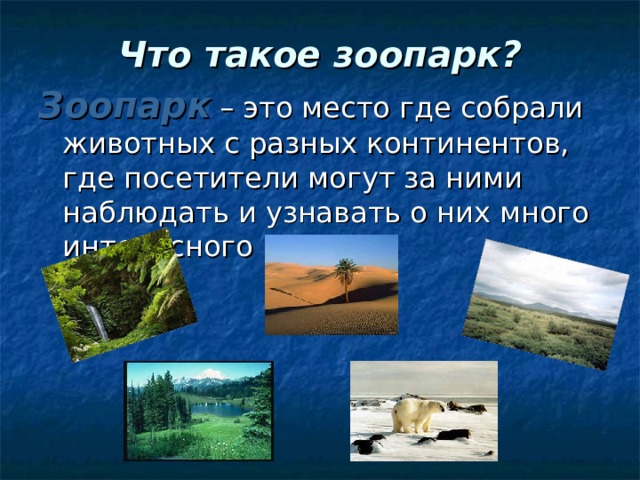 Что такое зоопарк? Зоопарк  – это место где собрали животных с разных континентов, где посетители могут за ними наблюдать и узнавать о них много интересного 