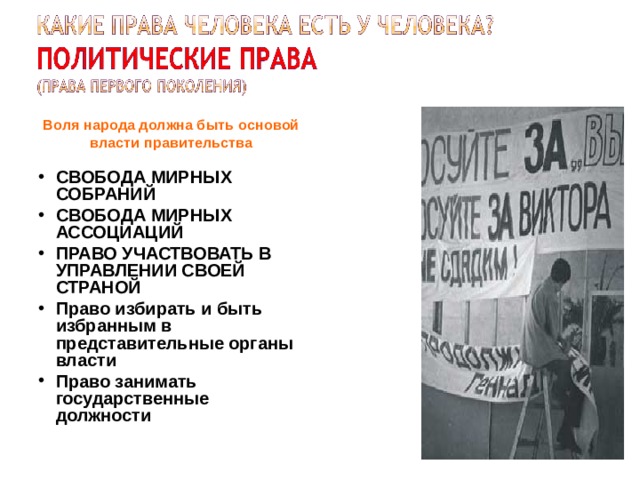 Воля народа должна быть основой власти правительства    СВОБОДА МИРНЫХ СОБРАНИЙ СВОБОДА МИРНЫХ АССОЦИАЦИЙ ПРАВО УЧАСТВОВАТЬ В УПРАВЛЕНИИ СВОЕЙ СТРАНОЙ Право избирать и быть избранным в представительные органы власти Право занимать государственные должности  