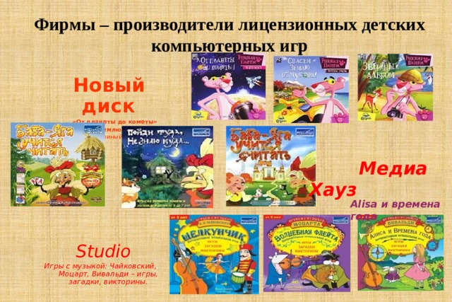 Фирмы – производители лицензионных детских компьютерных игр  Новый диск «От планеты до кометы» «Спасём землю от мусора» «Звериный альбом»      Studio Игры с музыкой: Чайковский, Моцарт, Вивальди – игры, загадки, викторины.   Медиа Хауз   Alisa и времена года 