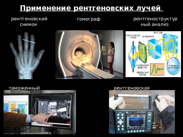 Применение рентгеновских лучей рентгеноструктурный анализ рентгеновский снимок томограф  рентгеновская дефектоскопия  таможенный досмотр 