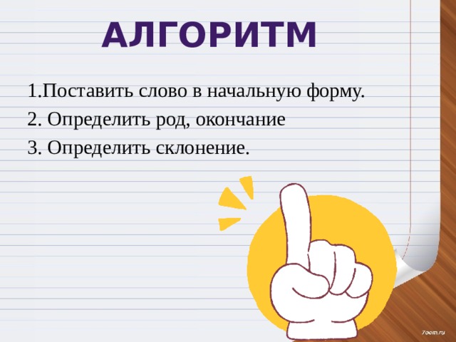 Алгоритм 1.Поставить слово в начальную форму. 2. Определить род, окончание 3. Определить склонение. 